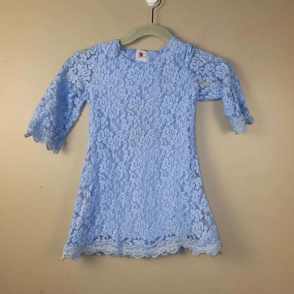 Girls Blue Floral Lace Dress‎ Size 130 US 7 8 Party Easter Wedding